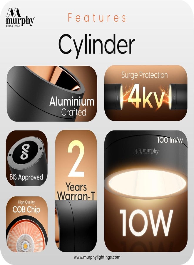 Murphy 10W Black Body Cylindrical Surface Mounted Spot Light Down Light (Warm White, Pack of 1)(Aluminium) - Image 3